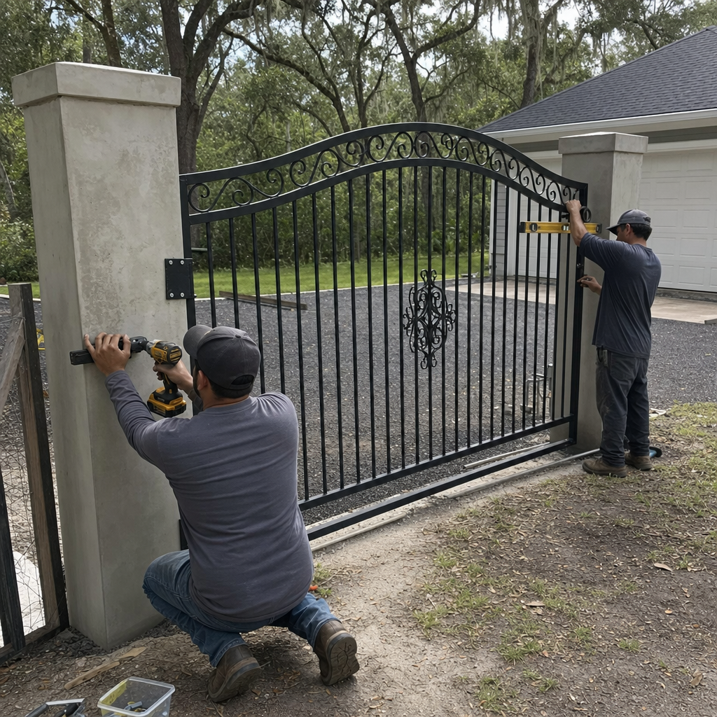 Two technicians installing a decorative metal driveway gate with levels.