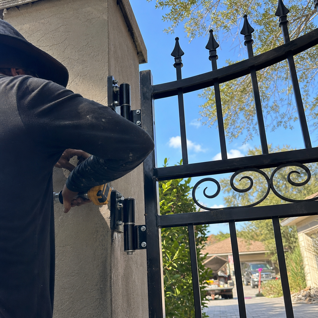 Professional gate installation with power drill on iron security gate