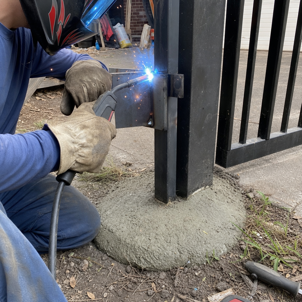 Welder repairing a metal gate post at a job site