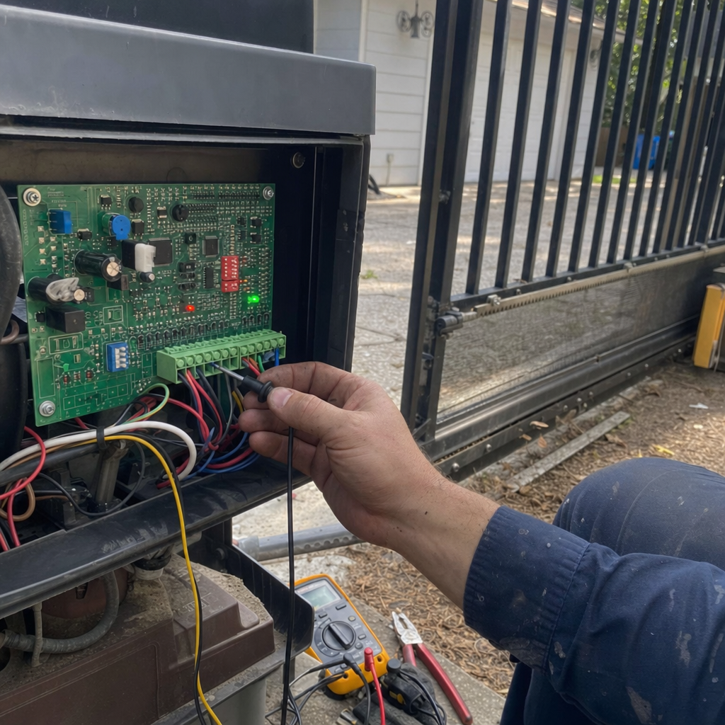 Technician using a multimeter to repair a sliding gate motor board