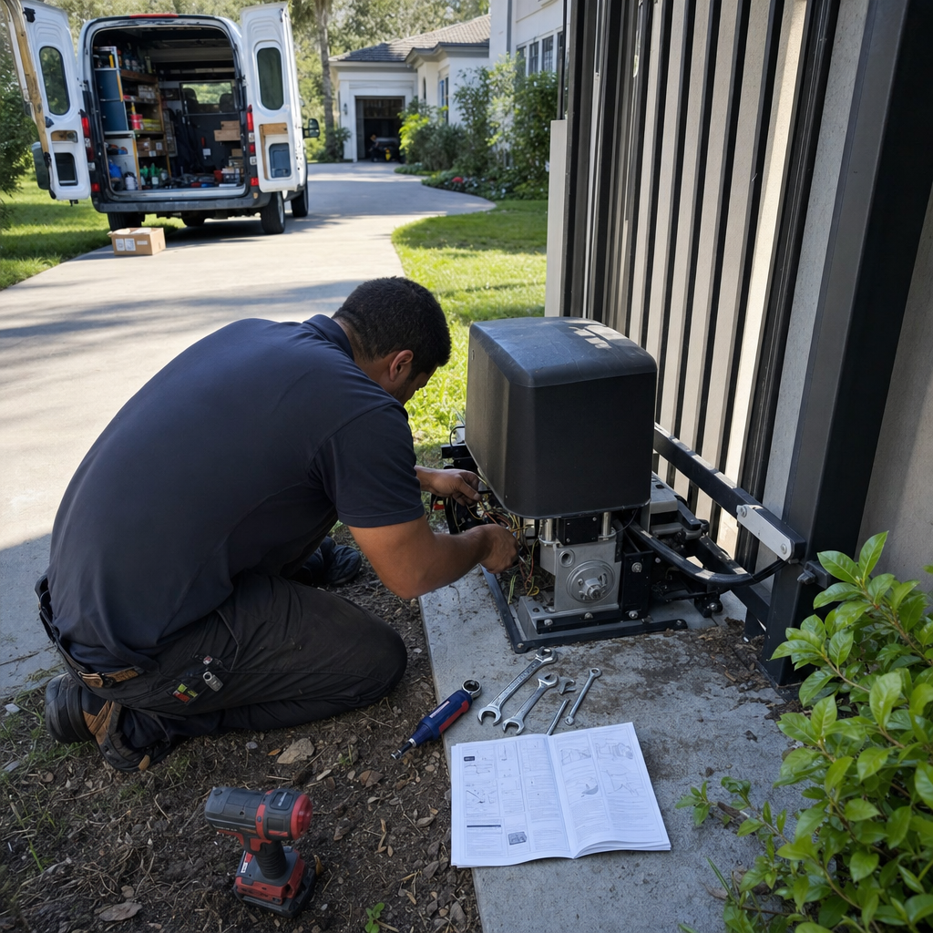 Technician performing expert gate motor and opener repair on a driveway.
