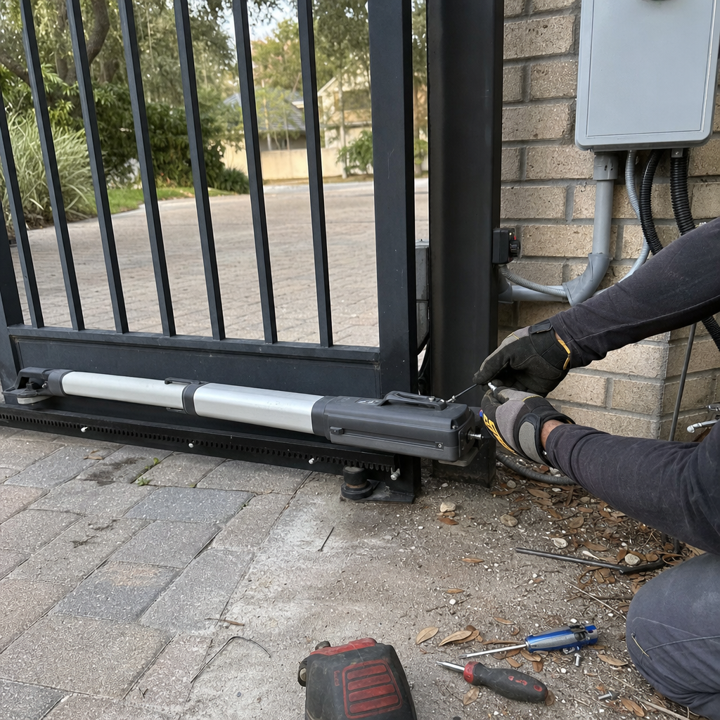 Technician performing professional automatic gate motor and opener repair