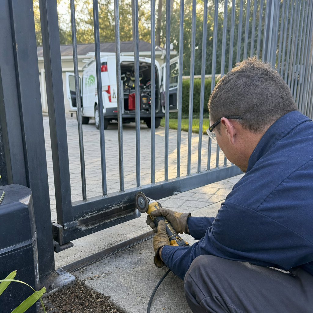 Technician using a power grinder to repair a metal gate