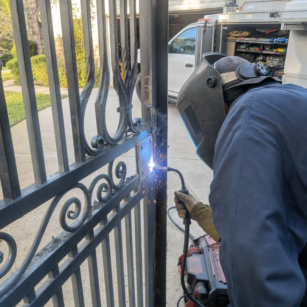 Professional welder performing metal gate repair on a residential driveway