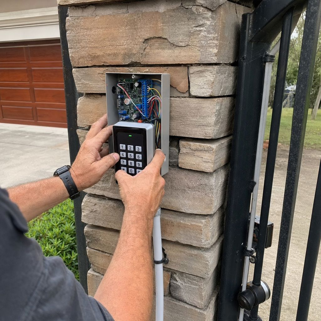 Technician installing an electronic gate access control keypad on a pillar in Jacksonville, FL