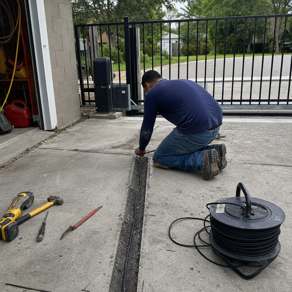 Technician installing wiring for an automated gate access control system in Jacksonville, FL