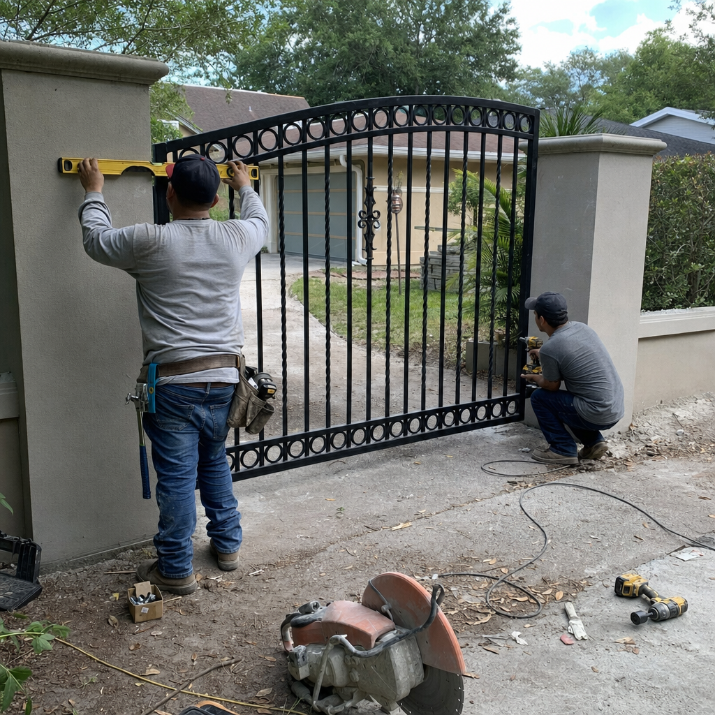 Two professional technicians installing a black ornamental metal driveway gate