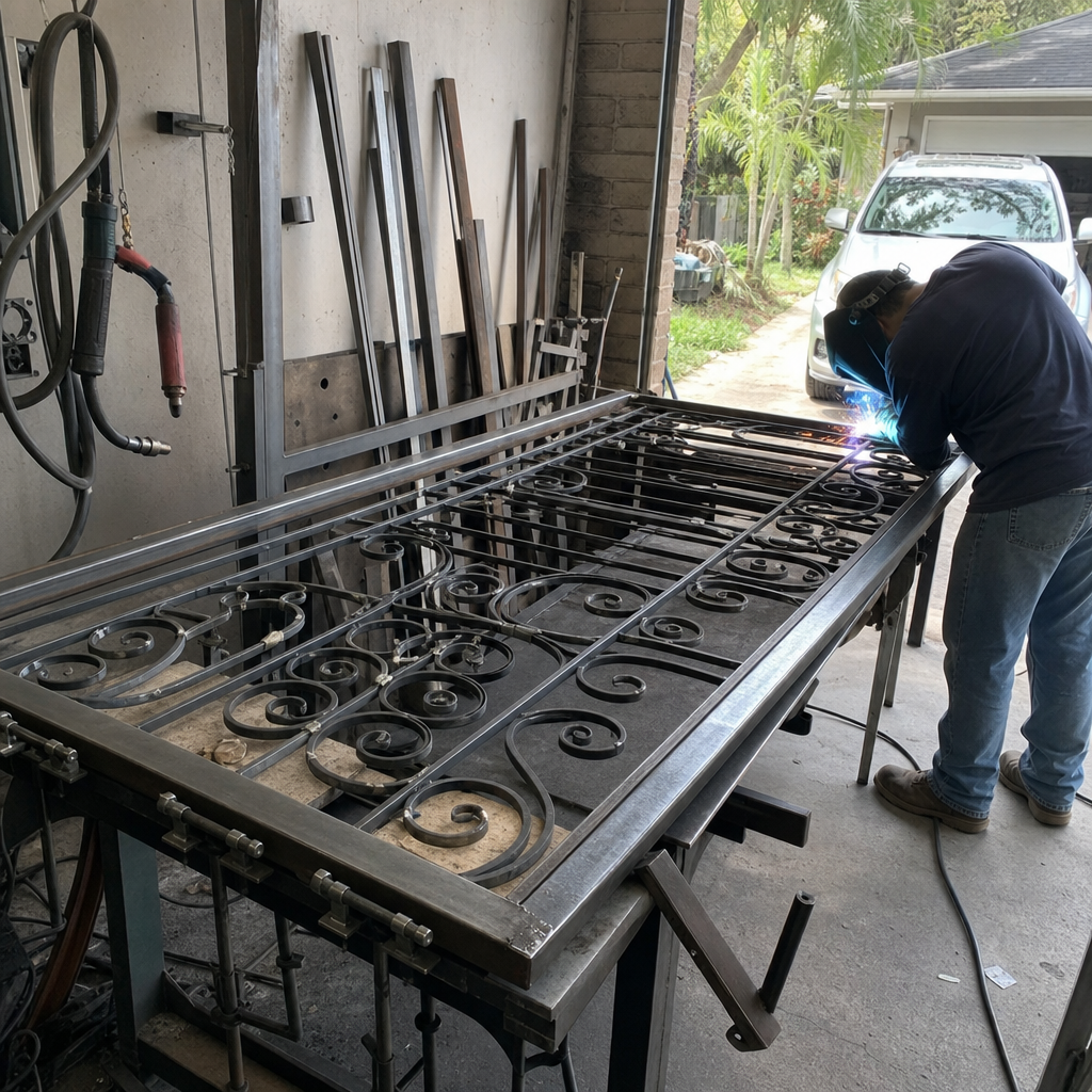 Welder performing custom gate repair and metal fabrication in workshop in Jacksonville, FL
