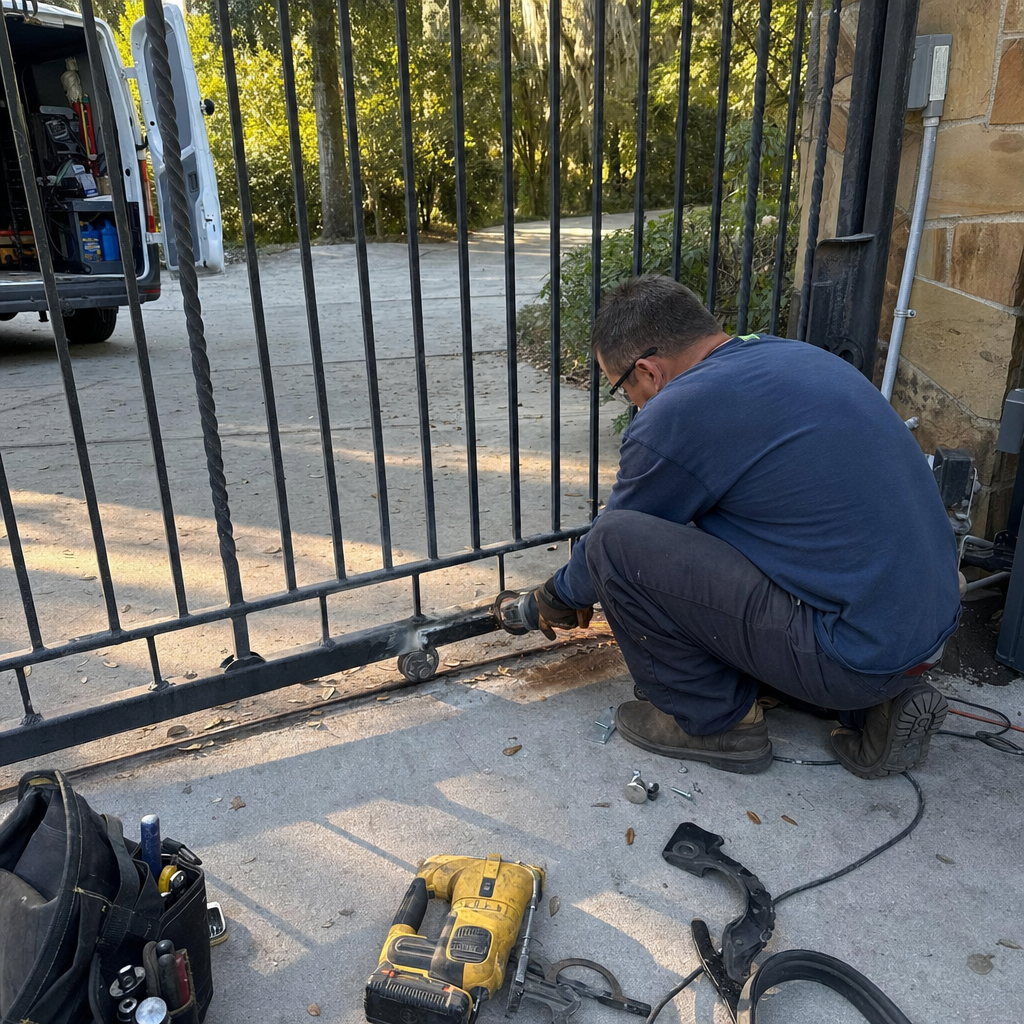 Technician using an angle grinder to repair a metal driveway gate
